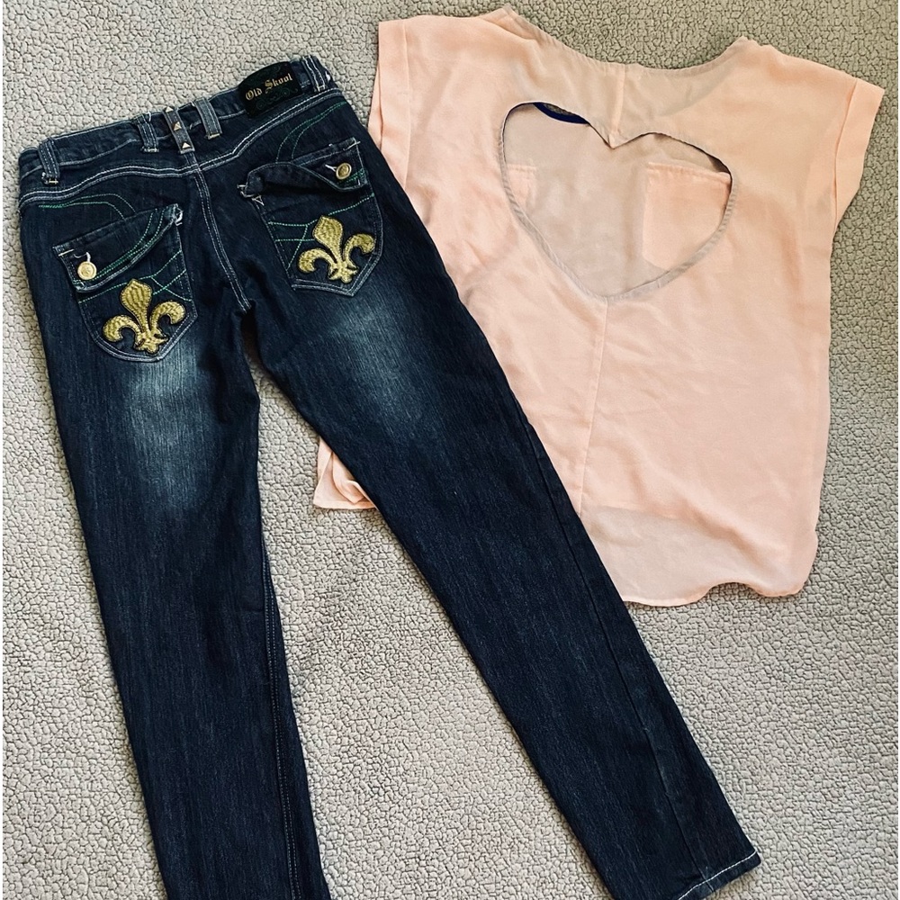 Old School sz 27 distressed factory fading & mIne sheer ❤️oversized top sz L